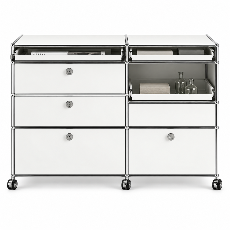 Pull-out tray detail on a modular mobile storage cabinet