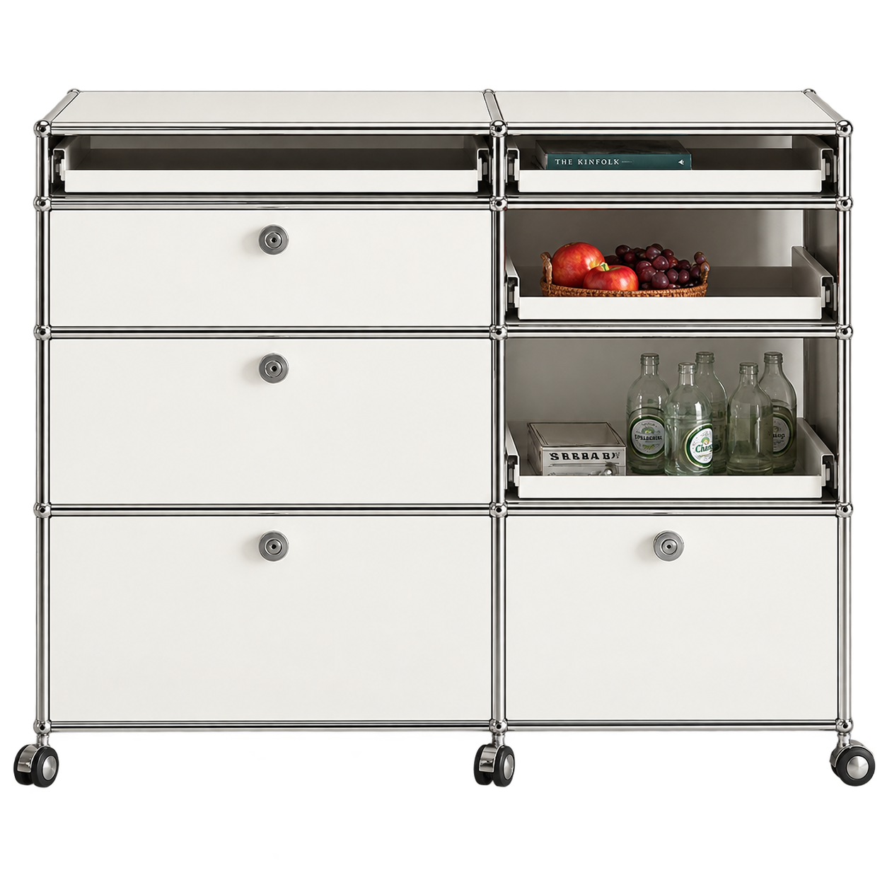 USM modular mobile storage cabinet with pull-out trays and caster wheels