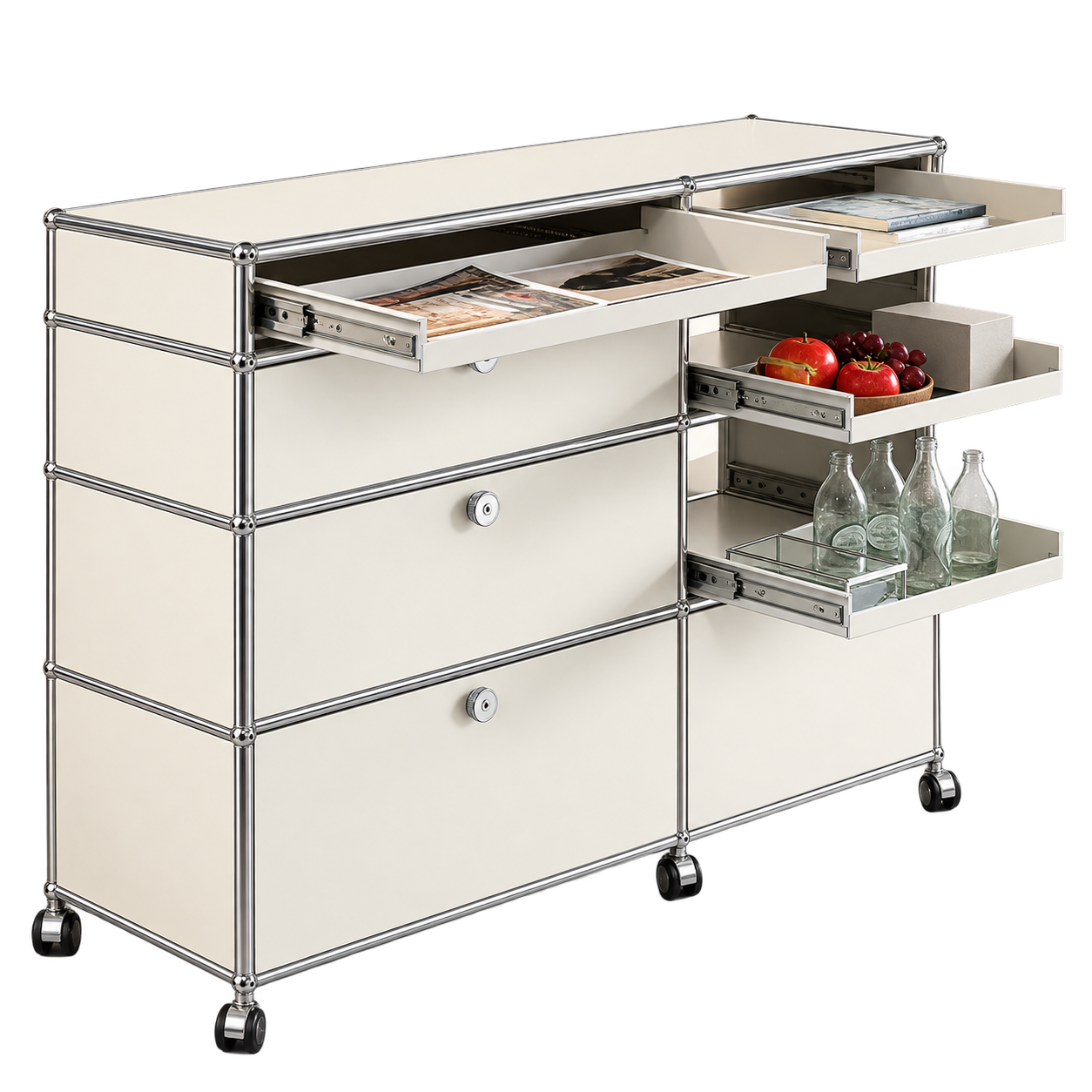 Modular mobile cabinet with open and enclosed storage compartments