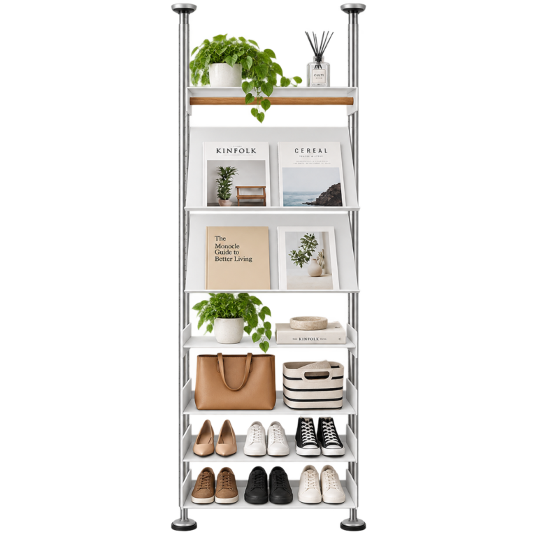 SVEORA drill-free floor-to-ceiling entryway storage system
